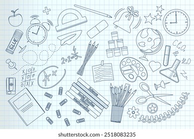 Hand drawn school doodle drawing outlines supplies set on graph paper background with various educational and classroom elements. For back to school stationery concept, and education visual.