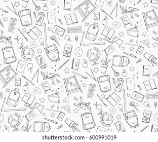 Hand drawn School doodle set illustration seamless pattern with School supplies, exercise book, microscope, globe , backpack, desk, Textbooks, apple, vector