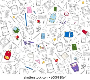 Hand drawn School doodle set illustration with lettering, School supplies, exercise book, microscope, globe , backpack, desk, Textbooks, apple with space for text colored vector