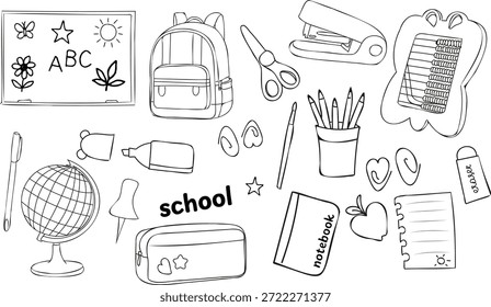 Hand drawn school doodle vector set with backpack, notebook, pencil case, scissors, globe, ruler, crayons and education symbols. Cute black line doodles for kids education, back to school designs