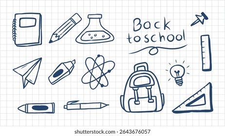 Hand drawn school and education elements on a graph paper background