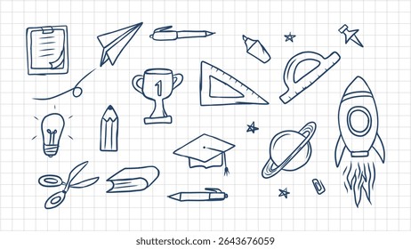 Hand drawn school and education elements on a graph paper background