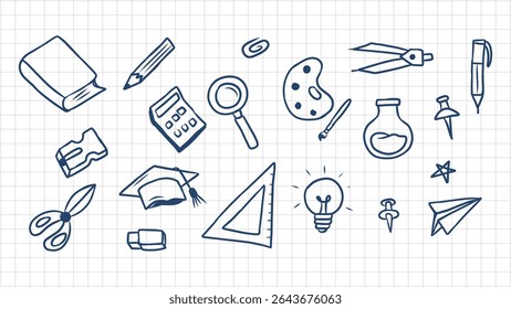 Hand drawn school and education elements on a graph paper background