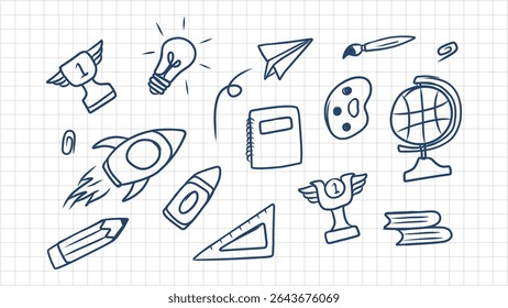 Hand drawn school and education elements on a graph paper background