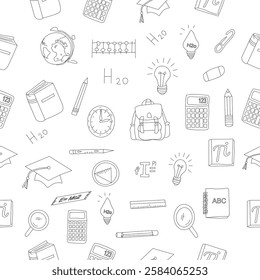 Hand Drawn School and Education seamless pattern. hand drawn stationery design for back to school concept on seamless pattern banner background.hand drawn School Supplies element set.