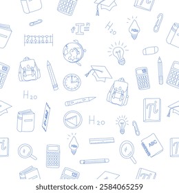 Hand Drawn School and Education seamless pattern. hand drawn stationery design for back to school concept on seamless pattern banner background.hand drawn School Supplies element set.