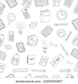 Hand Drawn School and Education seamless pattern. hand drawn stationery design for back to school concept on seamless pattern banner background.hand drawn School Supplies element set.