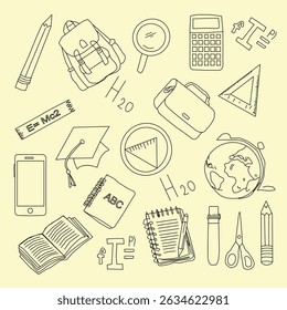 Hand Drawn School and Education seamless pattern. hand drawn stationery design for back to school concept on seamless pattern banner background.hand drawn School Supplies element set.