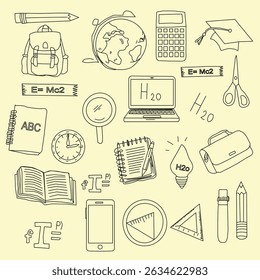 Hand Drawn School and Education seamless pattern. hand drawn stationery design for back to school concept on seamless pattern banner background.hand drawn School Supplies element set.
