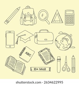 Hand Drawn School and Education seamless pattern. hand drawn stationery design for back to school concept on seamless pattern banner background.hand drawn School Supplies element set.
