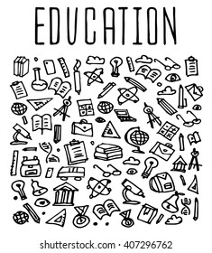 Hand drawn School education seamless logo, doodles elements, seamless background. School  Vector sketchy illustration 