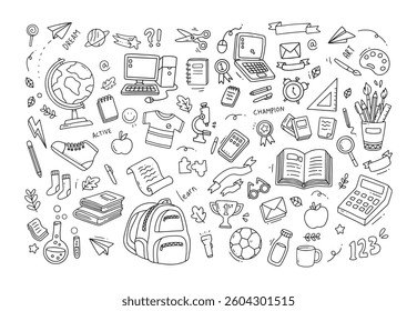 Hand drawn of school elements. Doodle of back to school sketch