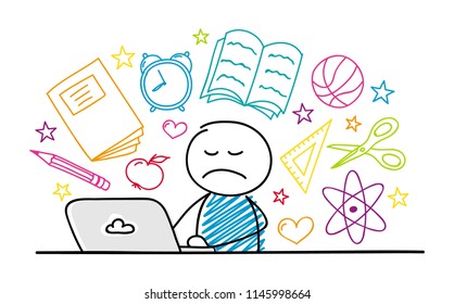 Hand drawn school elements with funny stickman working o laptop. Vector.
