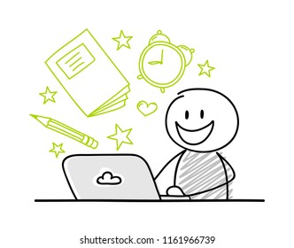 Hand drawn school elements with funny stickman working o laptop. Vector.