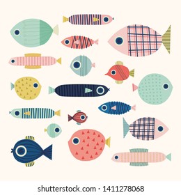 A hand drawn school of fish, developed as vectors for use across all media.