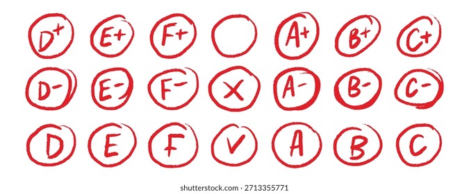 Dibujado a mano los círculos de grado escolar marcas rojas establecen el diseño educativo. Ilustración vectorial