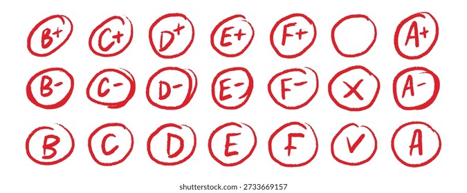 Hand drawn school grade circles red marks set educational design. Vector illustration