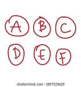 Handgezeichnete Schulergebnisse mit A,B,C,D,E,F. Buchstaben und plus Zeichen im roten Kreis.