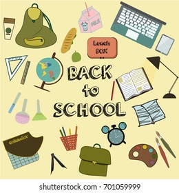 Hand Drawn School Icons.Set of back to school doodle items.Bag,laptop,lunch box,calendar,globe,chemical lab,book,note,pen and watercolor palette.Vector Illustration.