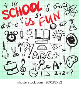 Hand Drawn School Icons on Lined Notebook Paper. Vector Illustration.