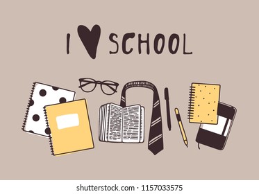 Hand drawn School illustration. Creative ink art work. Actual vector set of stationery and teens things