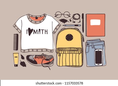 Hand drawn School illustration. Creative ink art work. Actual vector set of stationery and teens things
