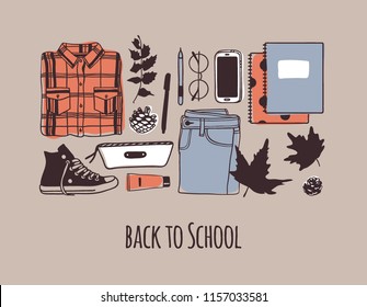 Hand drawn School illustration. Creative ink art work. Actual vector set of stationery and teens things