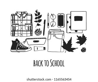 Hand drawn School illustration. Creative ink art work. Actual vector set of stationery and teens things. Fashion Card with text Back to School