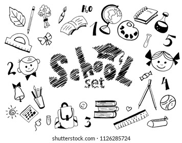 Hand drawn school items set. Decorative lettering. Dark colored isolated elements on white background. Vector isolated  illustrations for your designs: backdrop, wrapping paper, background, logo etc.