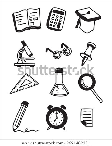 Hand drawn school and learning icons, black and white vector set for education design.