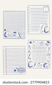 Hand drawn school notebook backgrounds and study paper templates set