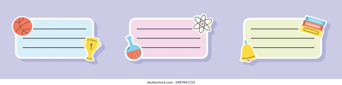Etiqueta de cuaderno escolar dibujado a mano. Set. Ilustración vectorial