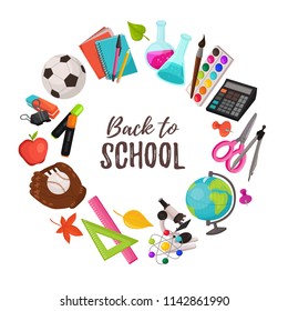 Hand drawn school objects in circle composition around text. Vector illustration of education design elements  isolated on white background. Back to school.