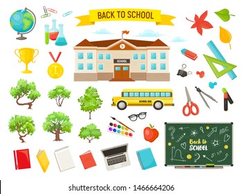 Hand drawn school objects collection. Vector illustration of study supply isolated on white background. Back to school. Schoolbus, blackboard, schoolhouse, trees.