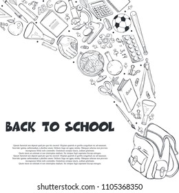 Hand drawn school objects flying out of schoolbag composition. Vector illustration of school accessories isolated on white background. Back to school.