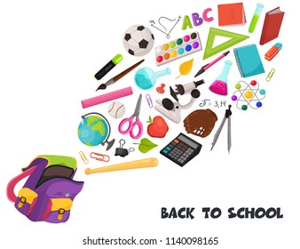 Hand drawn school objects flying out of backpack composition. Vector illustration of school accessories isolated on white background. Back to school.