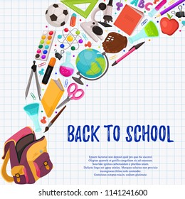 Hand drawn school objects flying out of backpack composition. Vector illustration of school accessories on notepad squared sheet. Back to school.