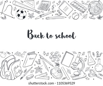 Hand drawn school objects in horisontal composition. Vector illustration of school accessories isolated on white background. Back to school.