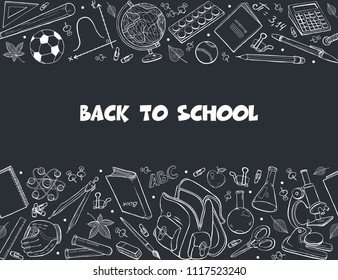 Hand drawn school objects in horisontal composition. Vector illustration of school accessories hand drawn on blackboard. Back to school.