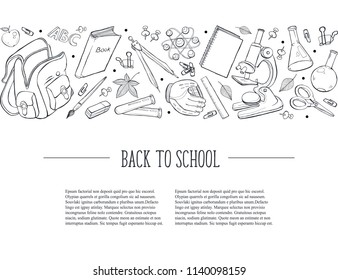 Hand drawn school objects in horisontal composition with text. Vector illustration of school accessories isolated on white background. Back to school.