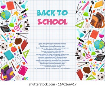 Hand drawn school objects in vertical composition. Vector illustration of school accessories ihand drawn on notepad sheet. Back to school poster on notepad squared sheet.