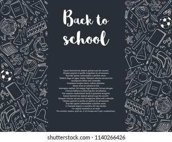 Hand drawn school objects in vertical composition. Vector illustration of school accessories hand drawn on blackboard. Back to school.