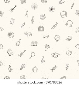 Hand drawn school, office and business icons seamless pattern.