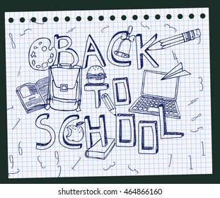 Hand Drawn school related image. Vector illustration. Blue pen drawing on a white exercise book sheet background. Back to school concept in sketchy style