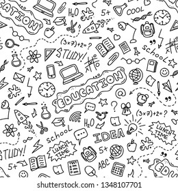 Hand drawn school seamless pattern with doodles icons set on white background. Education concept background. Vector illustration