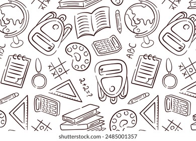 Hand drawn school seamless pattern with stationery supplies, exercise book, globe, backpack, ruler. Vector illustration on a white background.