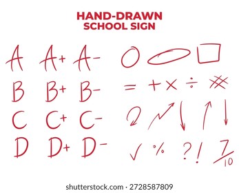 Coleção de sinais de escola desenhada à mão com notas de alfabeto, símbolos de matemática e setas para correção do professor