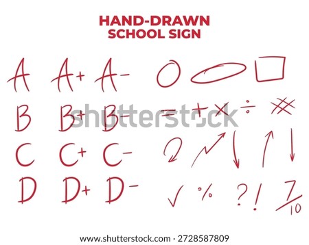 Hand Drawn School Sign Collection with Alphabet Grades, Math Symbols and Arrows for Teacher Correction
