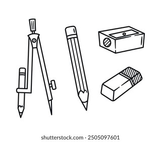 Hand Drawn School Stationery Items Pencil, Eraser, Compass And Sharpener. Monochrome Black and White Vector Illustration