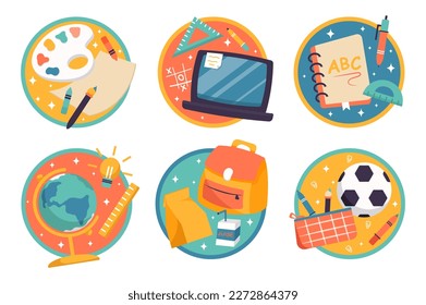 Hand drawn school stickers set concept without people scene in the flat cartoon style. Stickers that symbolize educational subjects at school. Vector illustration.